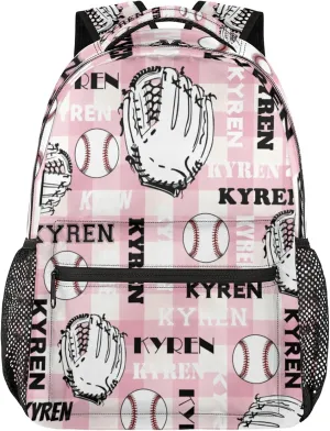 Custom Name Baseball Backpack for Men Women, Personalized Laptop Backpack with Name, Sports Bag Lightweight Daypack for Travel Camping, Checked Pinks