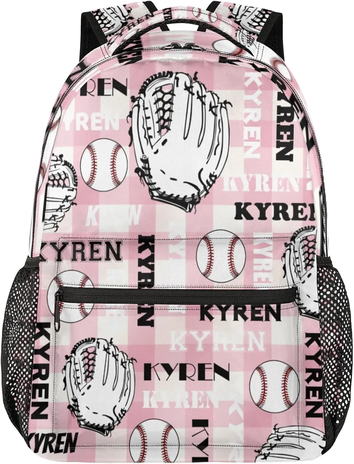Custom Name Baseball Backpack for Men Women, Personalized Laptop Backpack with Name, Sports Bag Lightweight Daypack for Travel Camping, Checked Pinks
