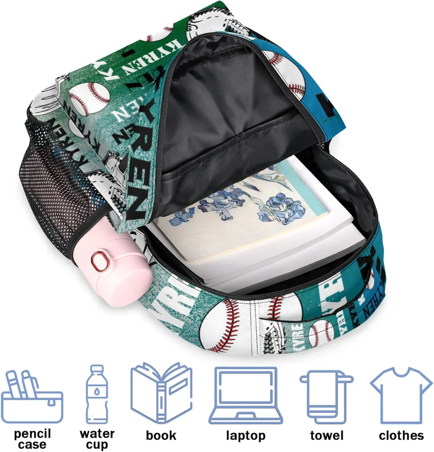 Custom Name Baseball Backpack for Men Women, Personalized Name Laptop Backpack, Sports Bag Lightweight Daypack for Travel Camping, Blue Green Gray