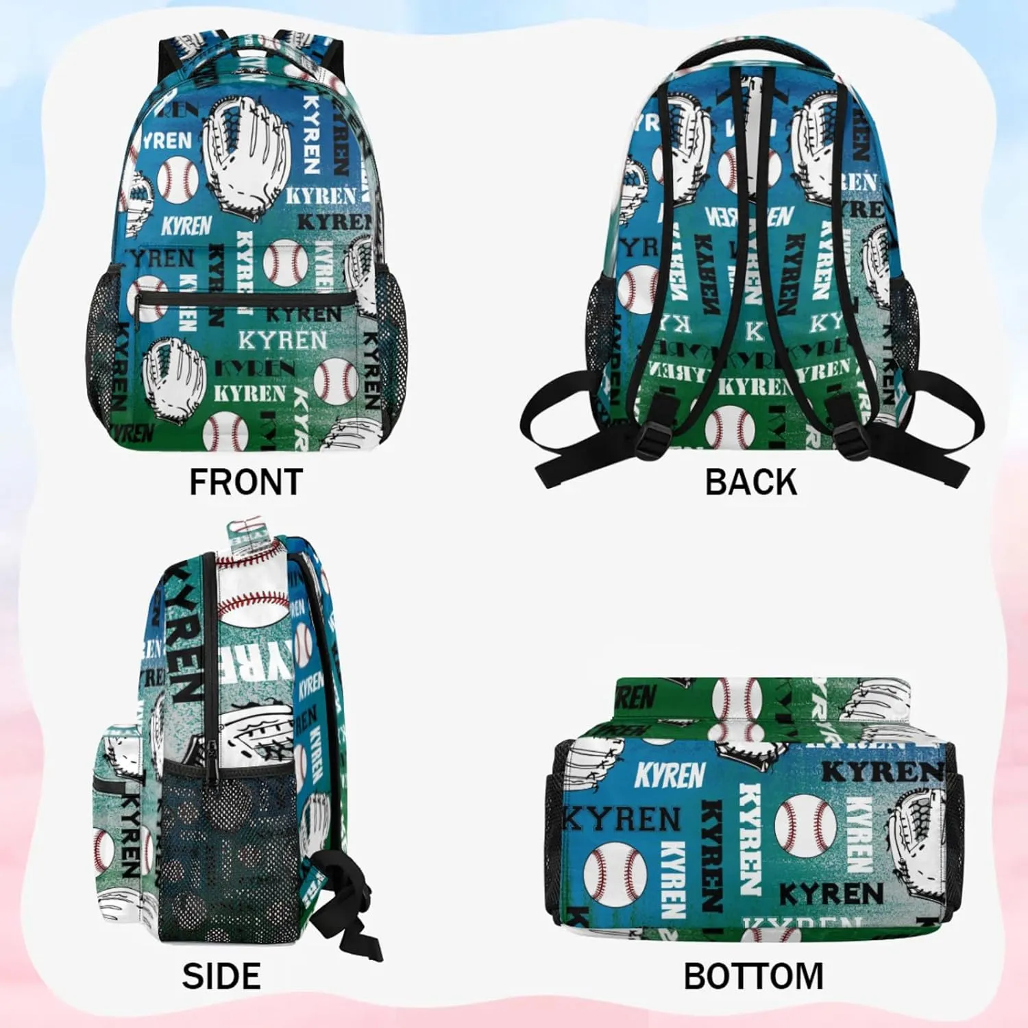 Custom Name Baseball Backpack for Men Women, Personalized Name Laptop Backpack, Sports Bag Lightweight Daypack for Travel Camping, Blue Green Gray