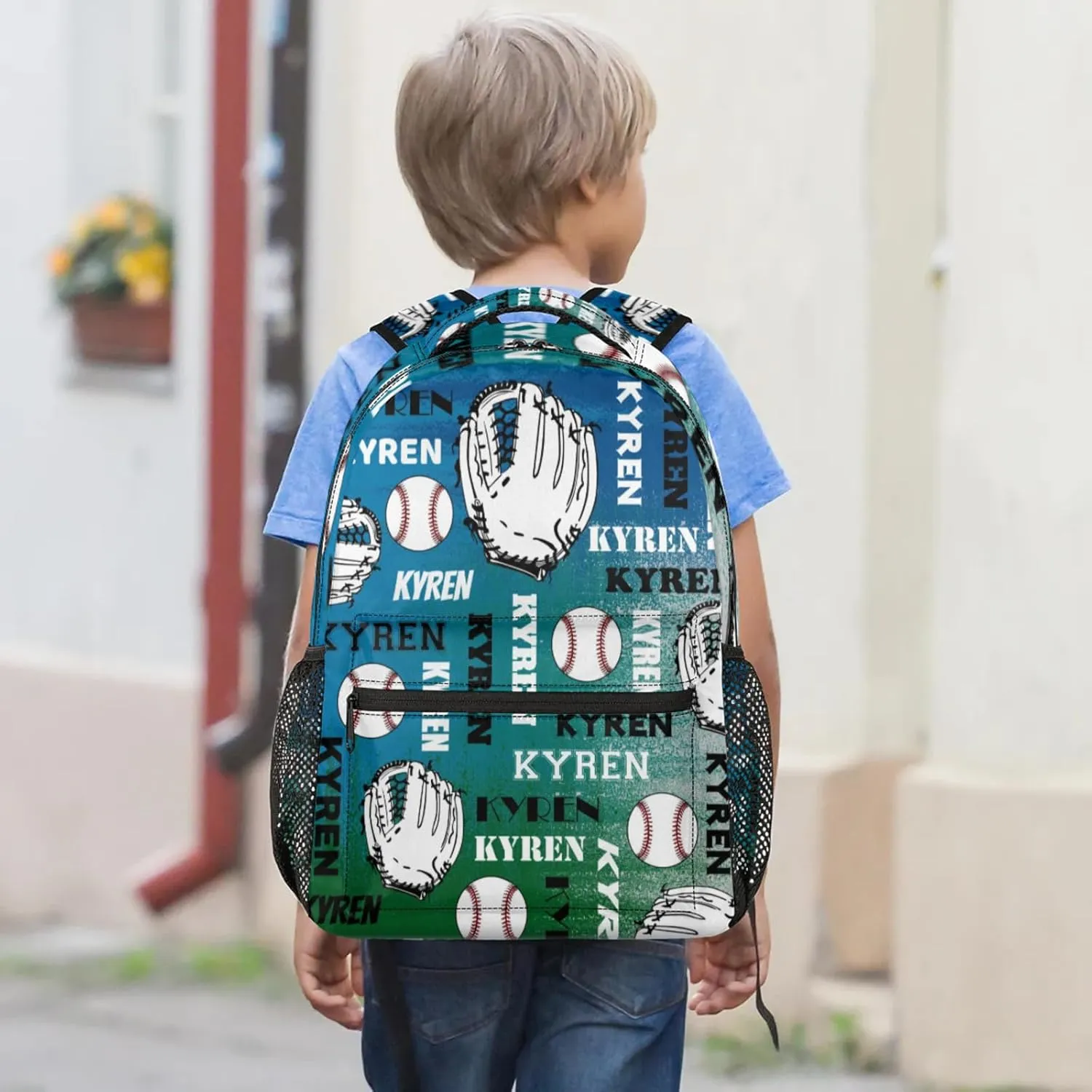 Custom Name Baseball Backpack for Men Women, Personalized Name Laptop Backpack, Sports Bag Lightweight Daypack for Travel Camping, Blue Green Gray