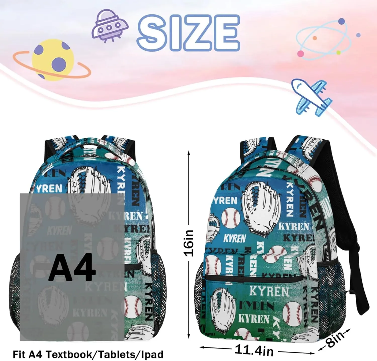 Custom Name Baseball Backpack for Men Women, Personalized Name Laptop Backpack, Sports Bag Lightweight Daypack for Travel Camping, Blue Green Gray