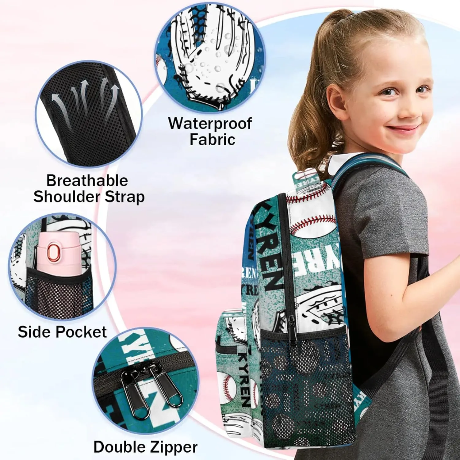 Custom Name Baseball Backpack for Men Women, Personalized Name Laptop Backpack, Sports Bag Lightweight Daypack for Travel Camping, Blue Green Gray