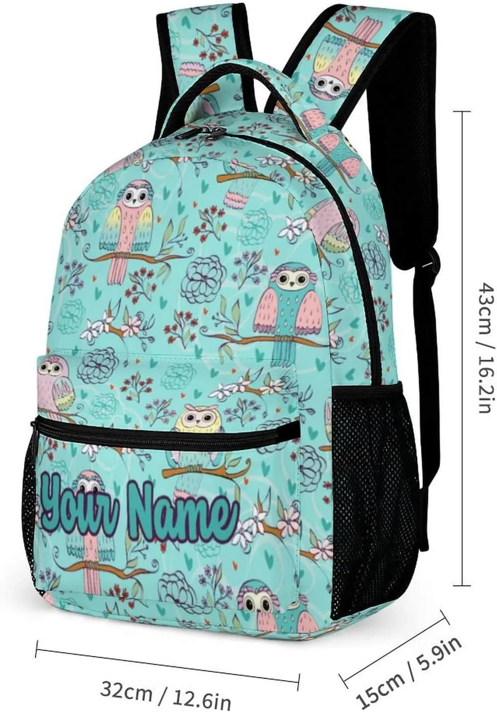 Custom Owl School Backpack for Kids Girls Boys, 16 Inch Cute Owls Themed Bookbag, Personalized School Backpack for Students Children, Lightweight, Large Capacity