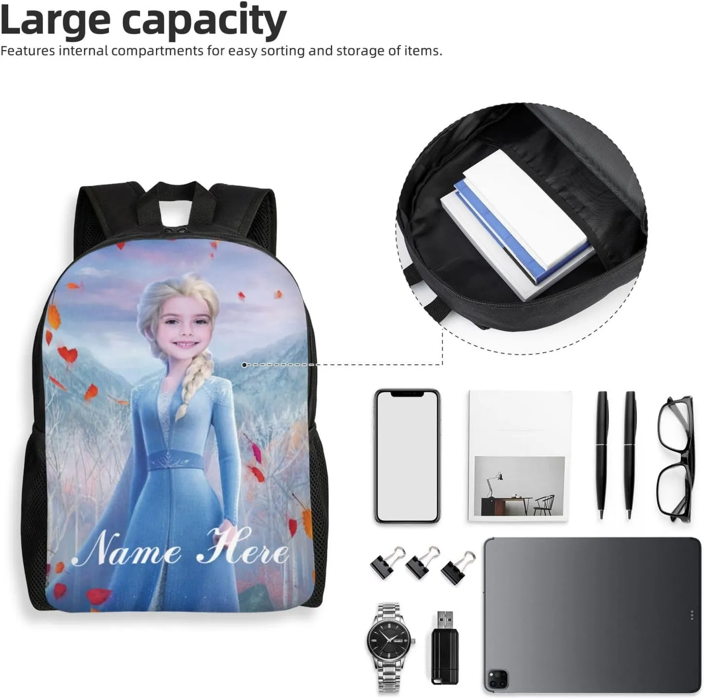 Custom Princess Backpack Add Photo and Name, Girls Personalized Princess School Bag Shoulder Bag Casual Daypack for Daughter Granddaughter Niece