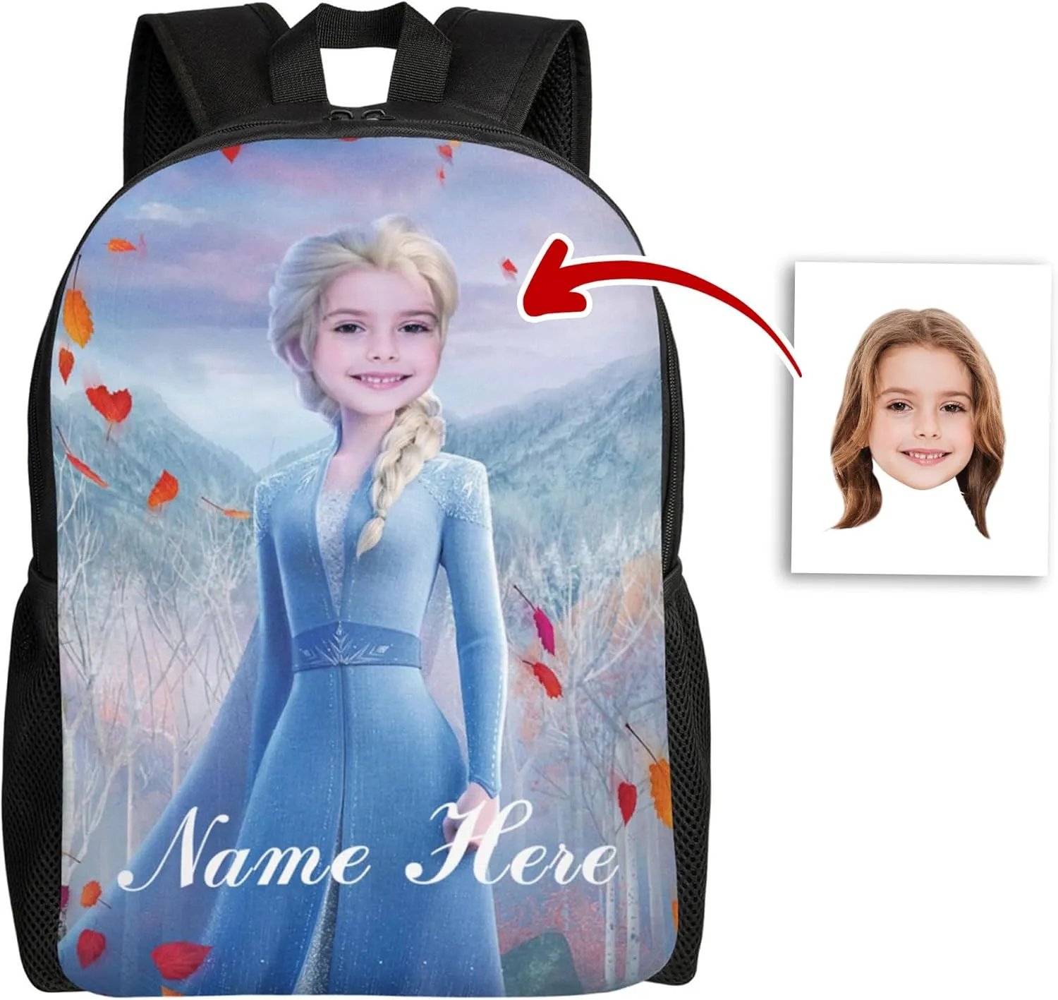 Custom Princess Backpack Add Photo and Name, Girls Personalized Princess School Bag Shoulder Bag Casual Daypack for Daughter Granddaughter Niece