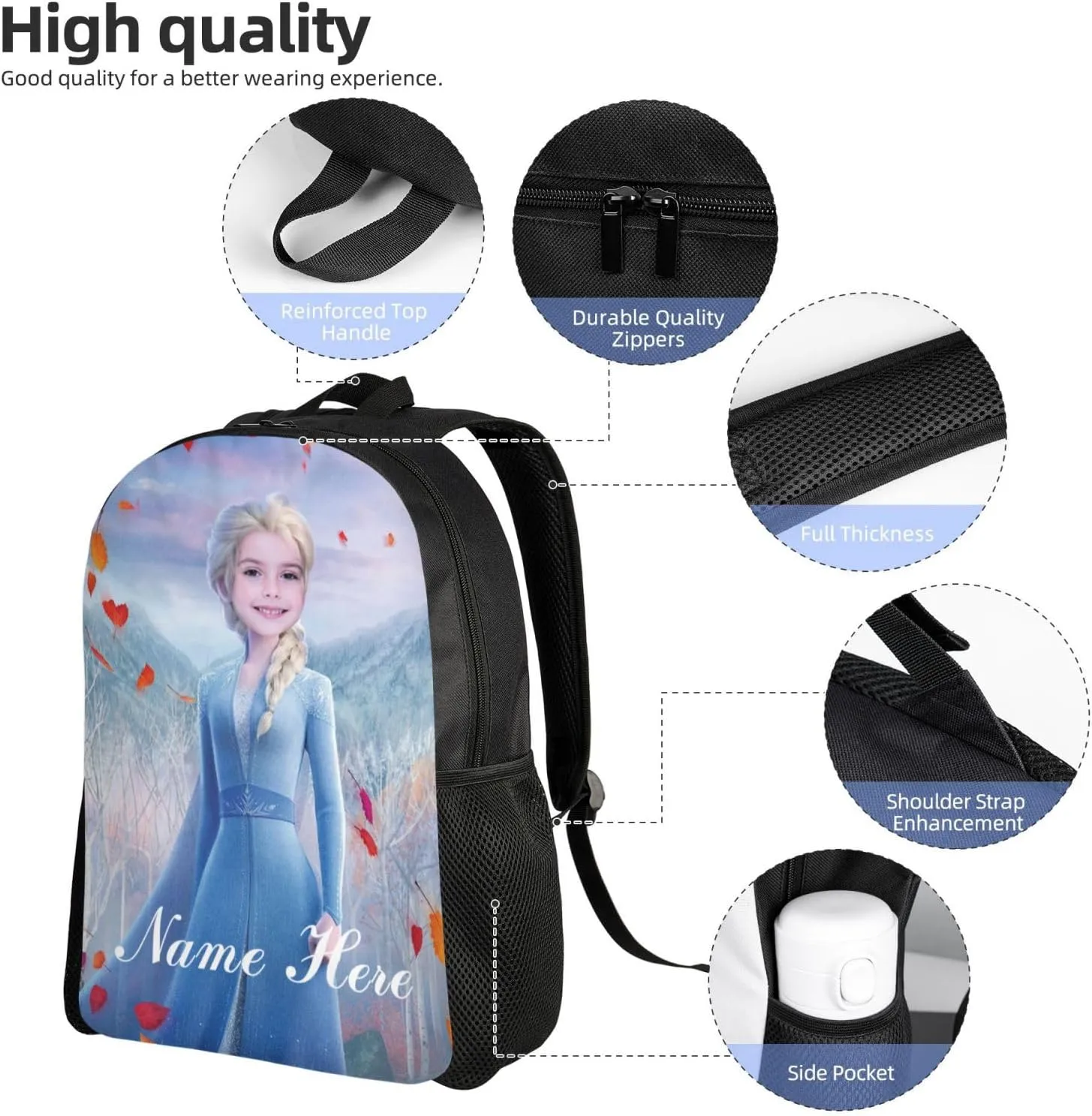 Custom Princess Backpack Add Photo and Name, Girls Personalized Princess School Bag Shoulder Bag Casual Daypack for Daughter Granddaughter Niece