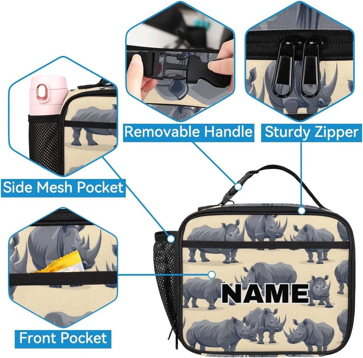 Custom Rhinocero Backpack Lunch Box Bag with Name, Personalized Shoulder 18 Inch Backpack with Adjustable Straps for Women men Rhino Pattern