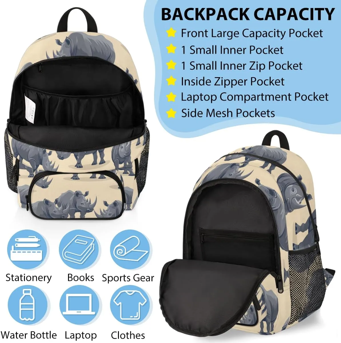 Custom Rhinocero Backpack Lunch Box Bag with Name, Personalized Shoulder 18 Inch Backpack with Adjustable Straps for Women men Rhino Pattern