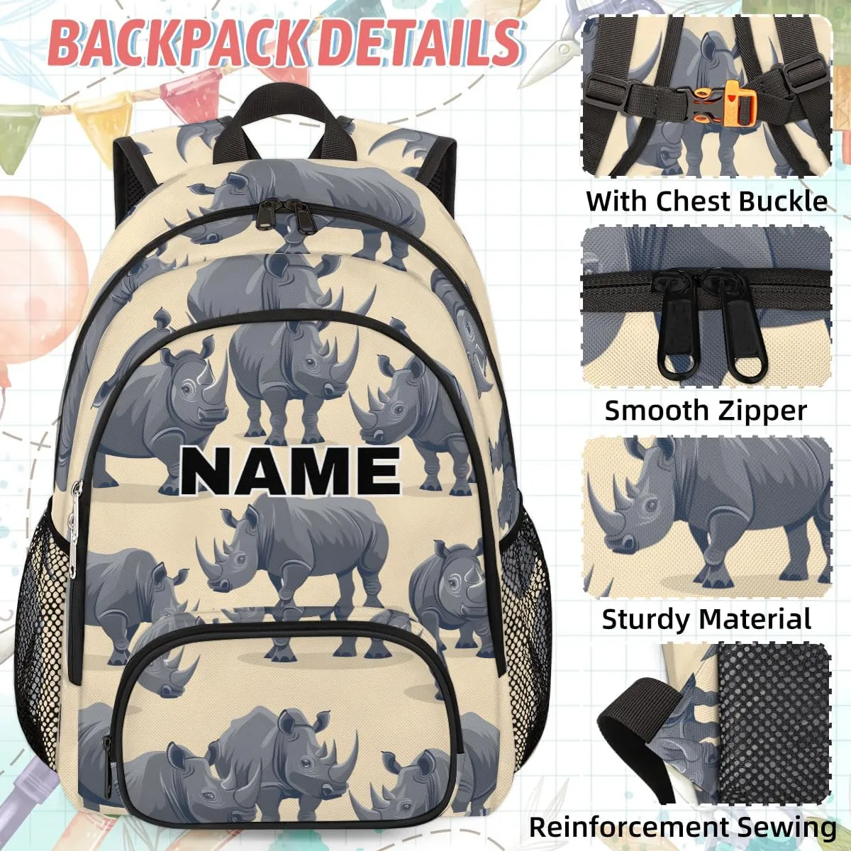 Custom Rhinocero Backpack Lunch Box Bag with Name, Personalized Shoulder 18 Inch Backpack with Adjustable Straps for Women men Rhino Pattern