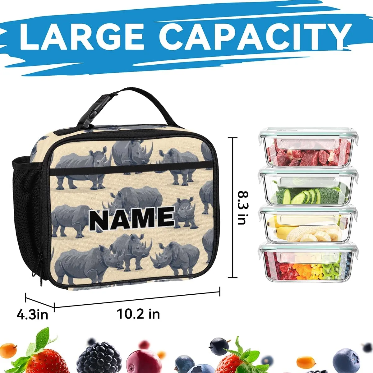 Custom Rhinocero Backpack Lunch Box Bag with Name, Personalized Shoulder 18 Inch Backpack with Adjustable Straps for Women men Rhino Pattern