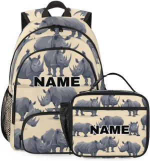 Custom Rhinocero Backpack Lunch Box Bag with Name, Personalized Shoulder 18 Inch Backpack with Adjustable Straps for Women men Rhino Pattern