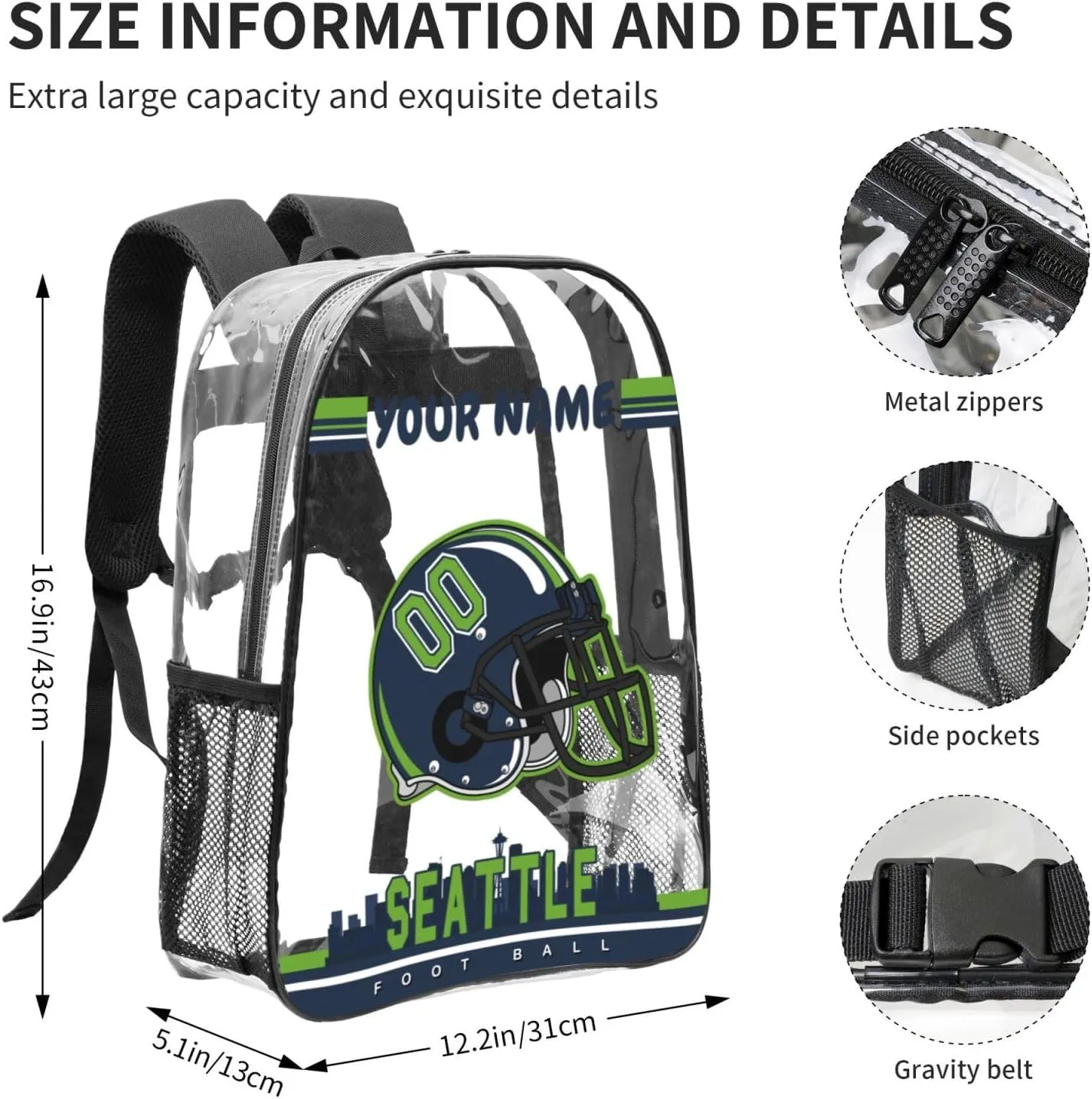 Custom Seattle Backpack Personalized Clear Backpack With Name And Number，Large Capacity Transparent Laptop Bag Football Style Casual Daypack Gifts For Men Women Fans