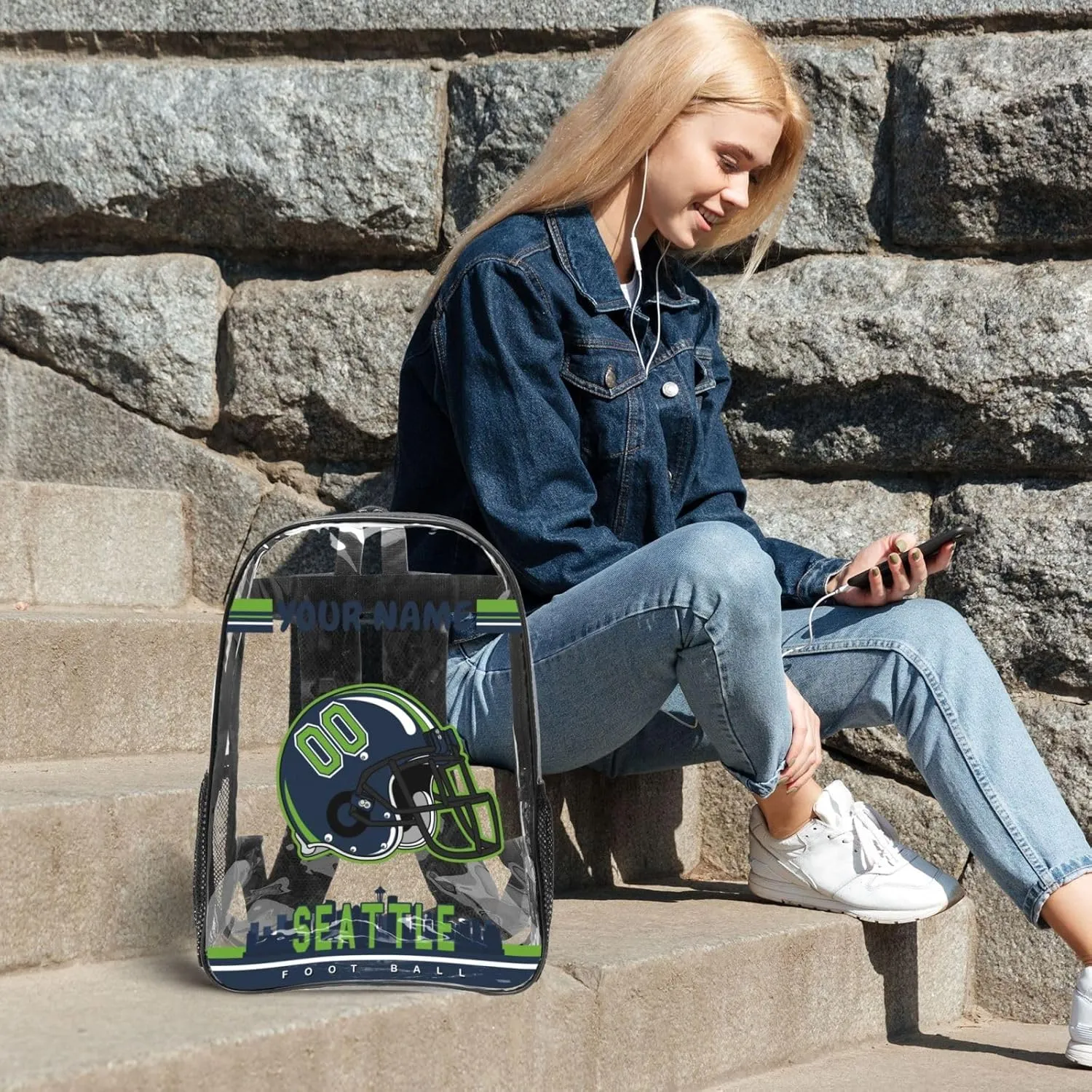 Custom Seattle Backpack Personalized Clear Backpack With Name And Number，Large Capacity Transparent Laptop Bag Football Style Casual Daypack Gifts For Men Women Fans