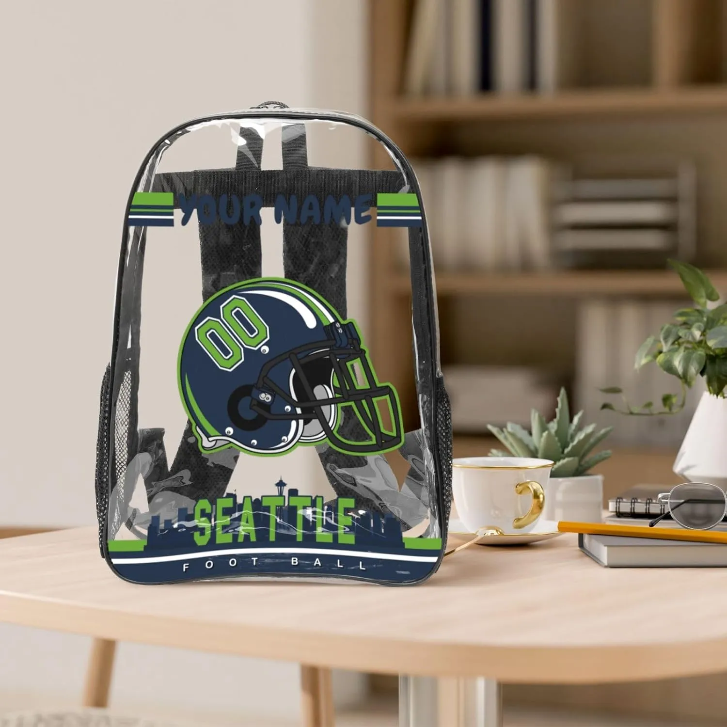 Custom Seattle Backpack Personalized Clear Backpack With Name And Number，Large Capacity Transparent Laptop Bag Football Style Casual Daypack Gifts For Men Women Fans
