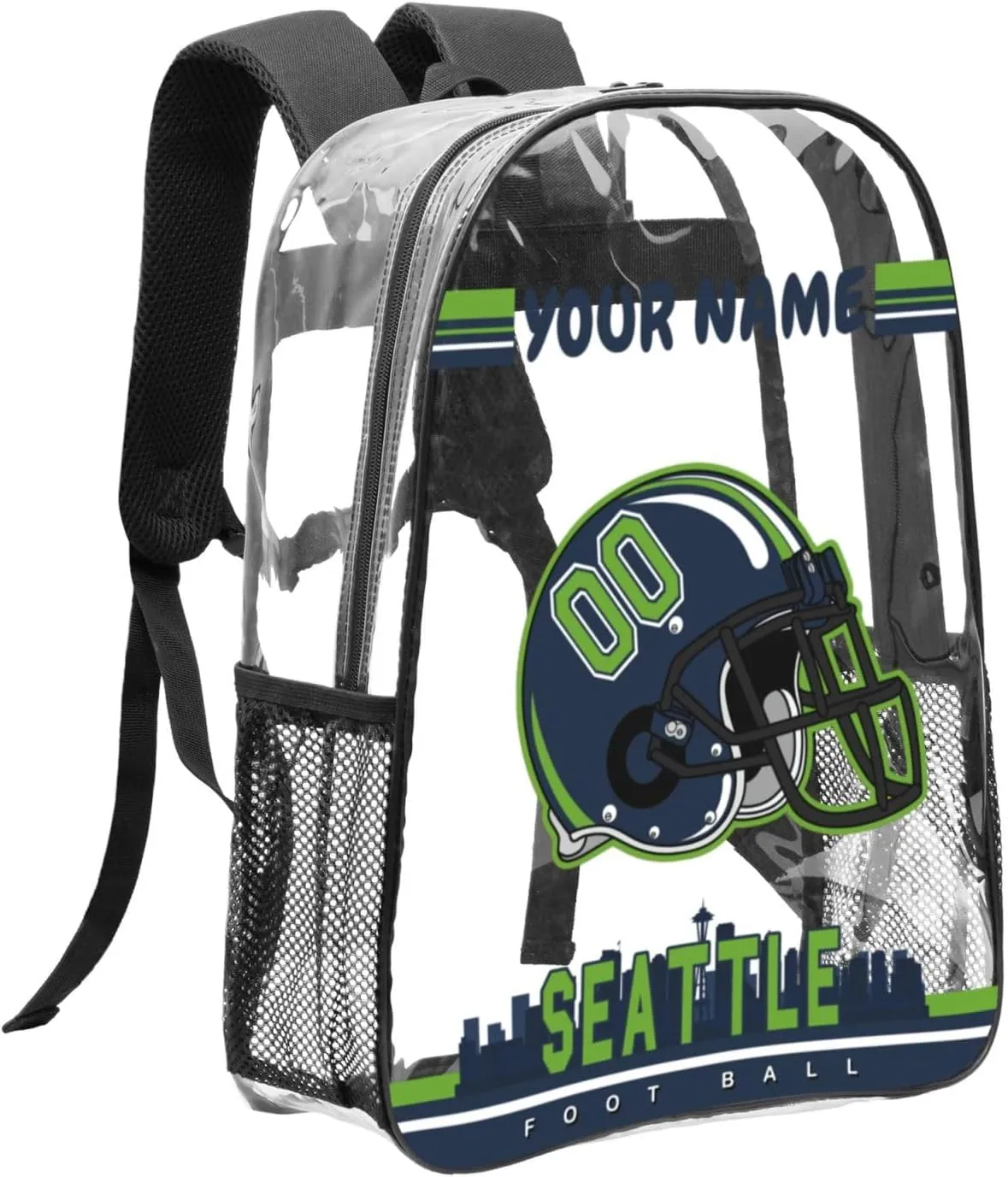 Custom Seattle Backpack Personalized Clear Backpack With Name And Number，Large Capacity Transparent Laptop Bag Football Style Casual Daypack Gifts For Men Women Fans