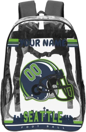 Custom Seattle Backpack Personalized Clear Backpack With Name And Number，Large Capacity Transparent Laptop Bag Football Style Casual Daypack Gifts For Men Women Fans