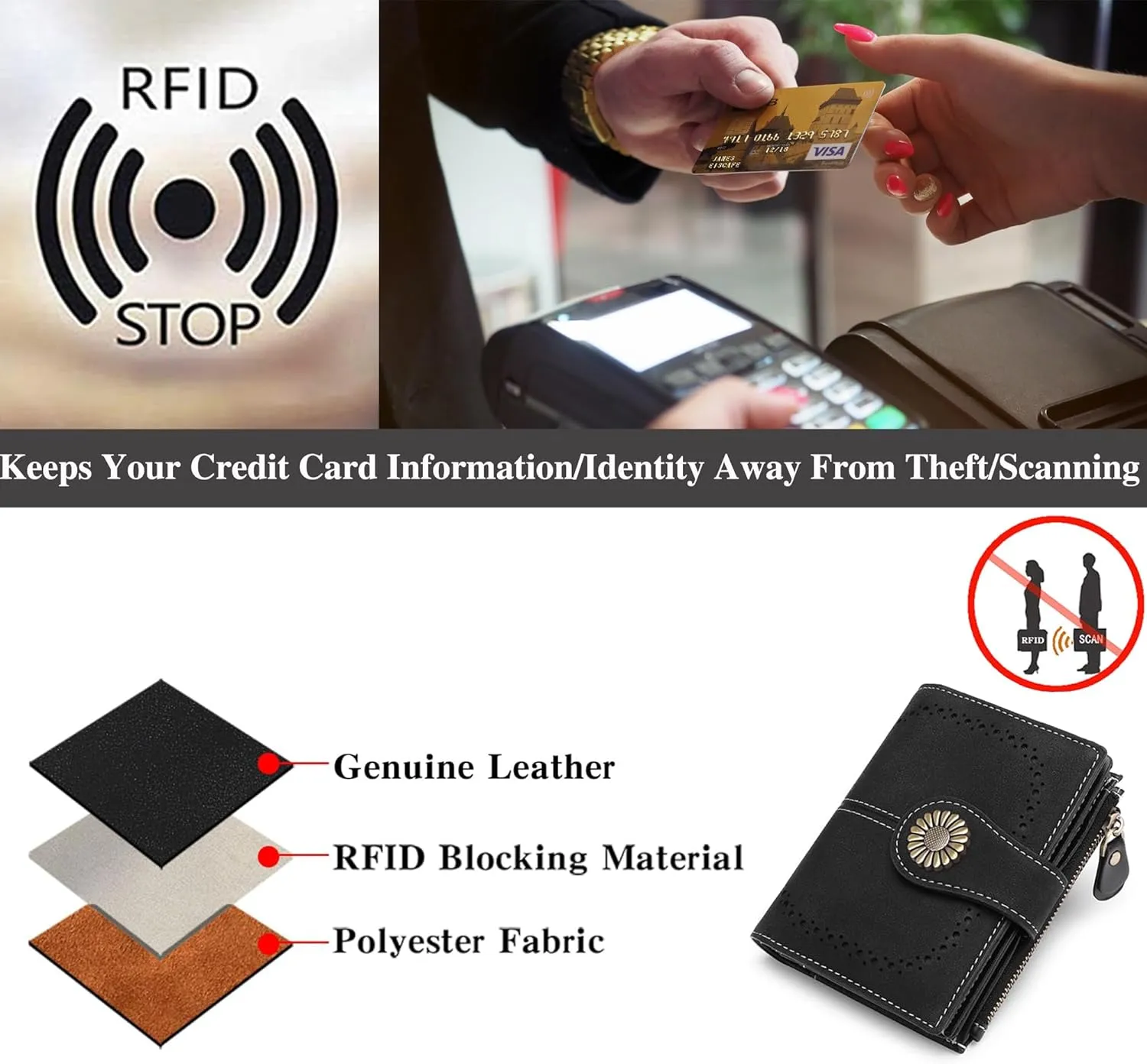 Custom Small Wallet,Engraved Name Wallets with RFID Blocking Clutch Purse Bifold Credit Card Holder for Women (Genuine Leather, Frosted-Starry Black)