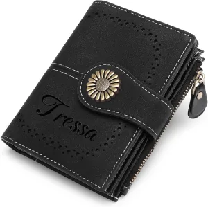 Custom Small Wallet,Engraved Name Wallets with RFID Blocking Clutch Purse Bifold Credit Card Holder for Women (Genuine Leather, Frosted-Starry Black)