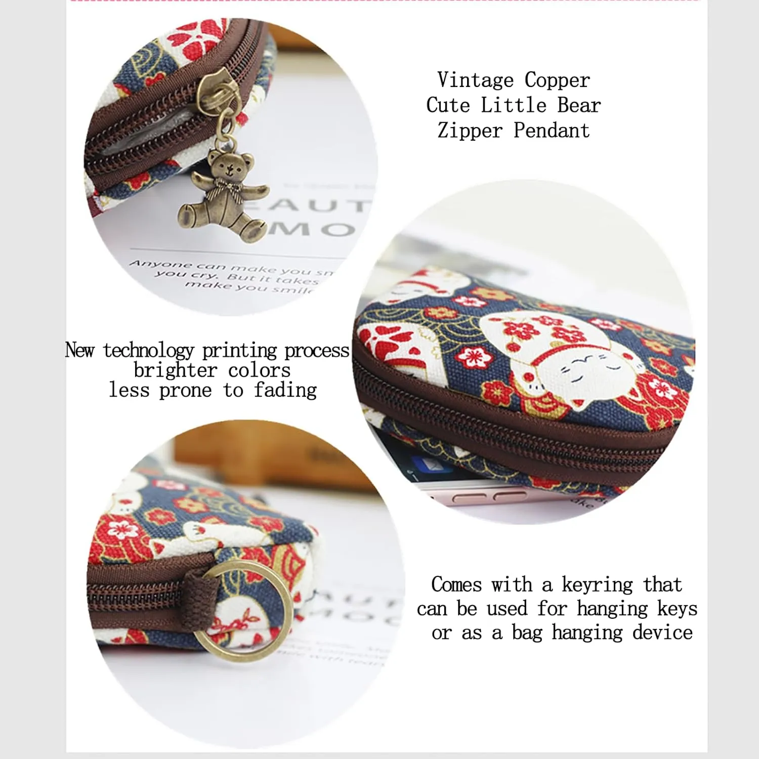 Cut Change Pouch Zipper Coin Purse Zipper Pocket Size Pouch Change Wallet Kawai Print Pattern (Cute Cat)