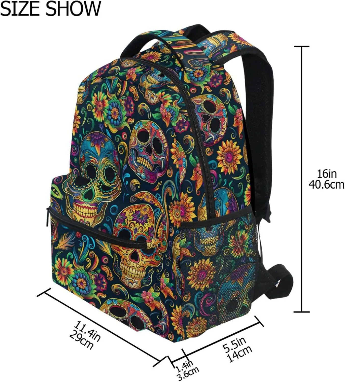 Cute Backpack for Unisex Adult Fashion Backpack With Water Bottle Pocket with Chest Strap for Travel Trip Festive Sugar Skulls