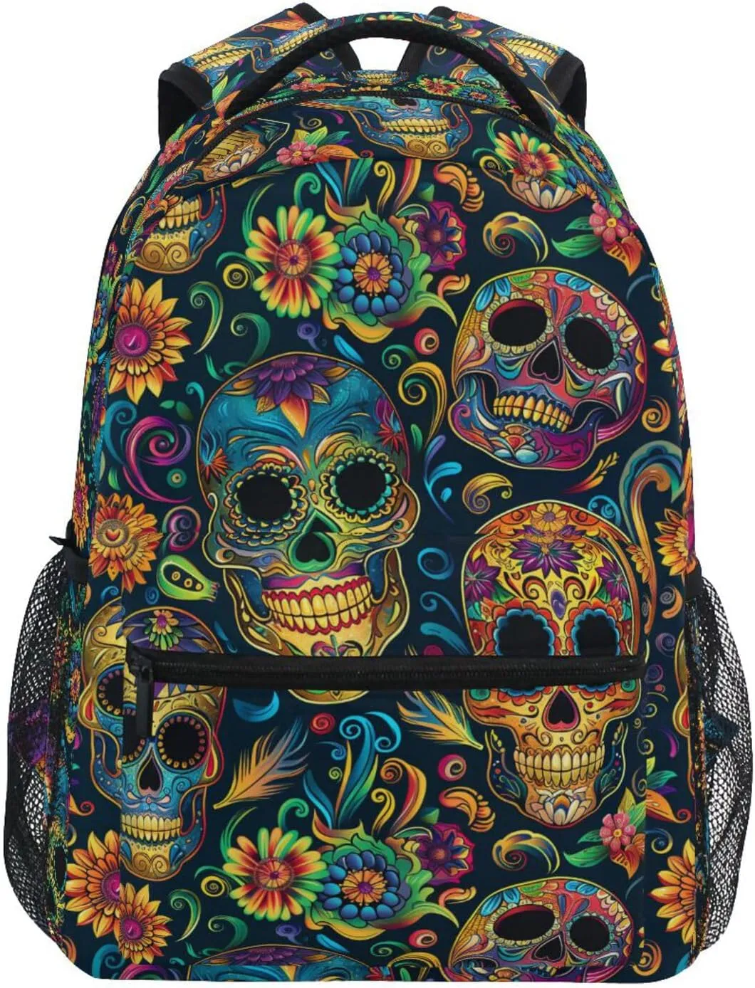 Cute Backpack for Unisex Adult Fashion Backpack With Water Bottle Pocket with Chest Strap for Travel Trip Festive Sugar Skulls