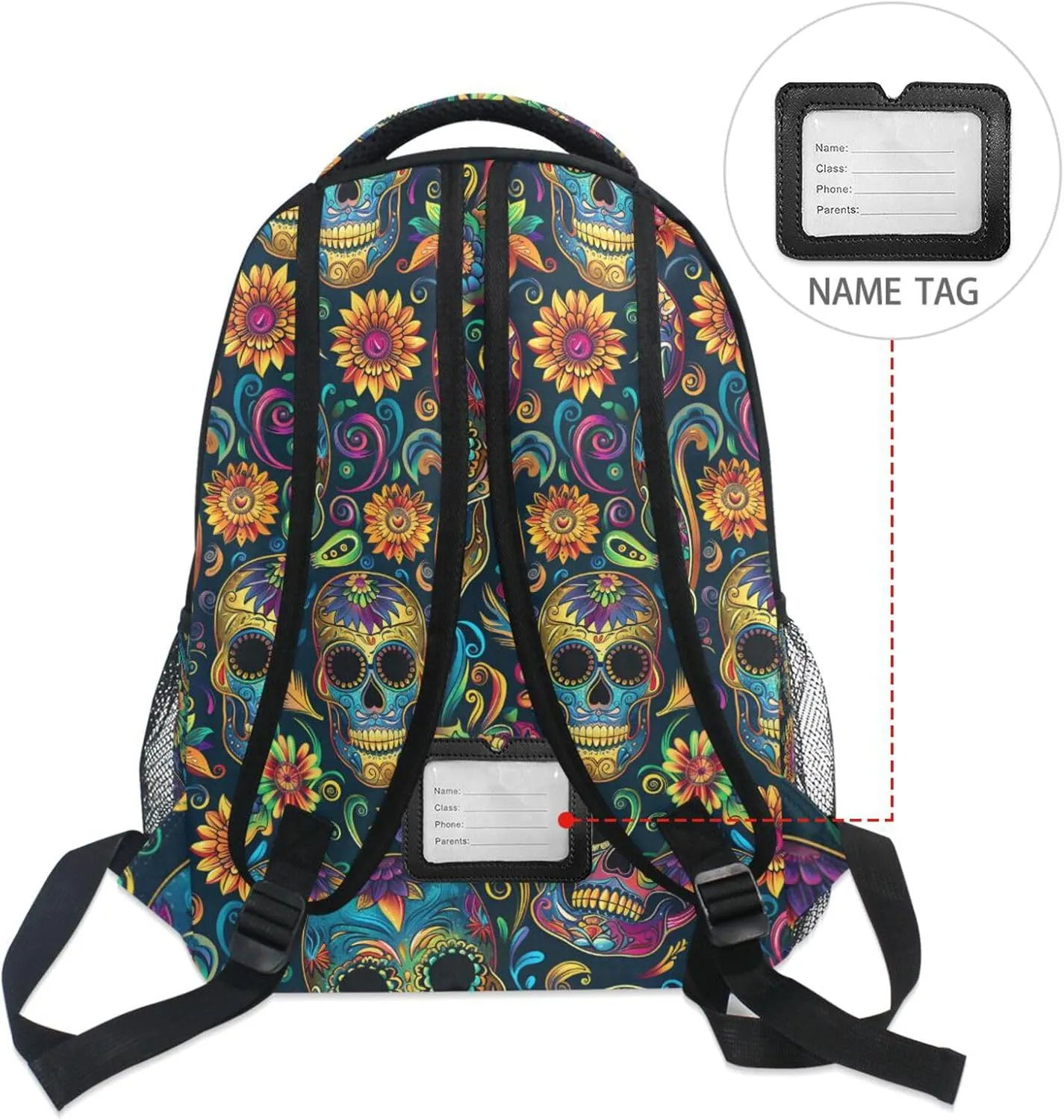 Cute Backpack for Unisex Adult Fashion Backpack With Water Bottle Pocket with Chest Strap for Travel Trip Festive Sugar Skulls
