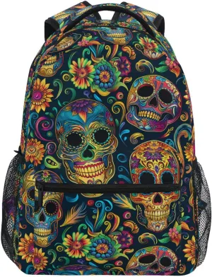 Cute Backpack for Unisex Adult Fashion Backpack With Water Bottle Pocket with Chest Strap for Travel Trip Festive Sugar Skulls