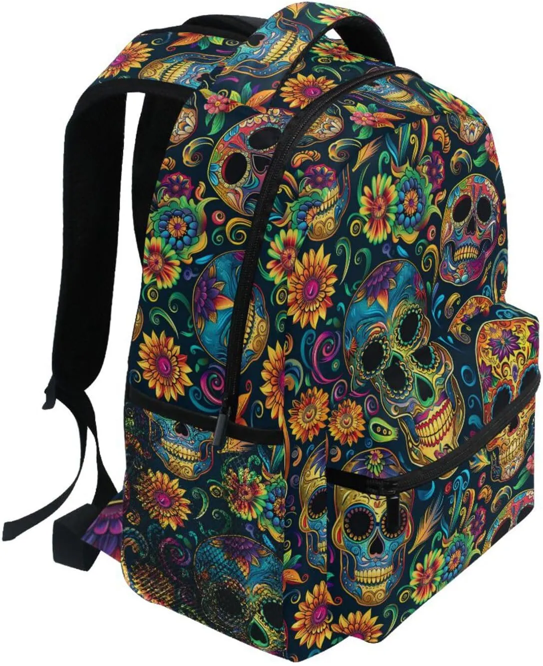 Cute Backpack for Unisex Adult Fashion Backpack With Water Bottle Pocket with Chest Strap for Travel Trip Festive Sugar Skulls