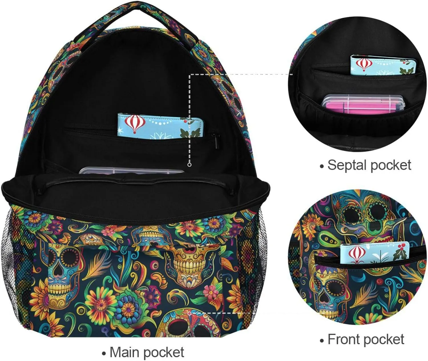 Cute Backpack for Unisex Adult Fashion Backpack With Water Bottle Pocket with Chest Strap for Travel Trip Festive Sugar Skulls