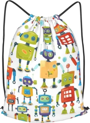 Cute Cartoon Robots Drawstring Cinch Backpack Polyester Sack Pack String Bag For Hiking Camping Adventure