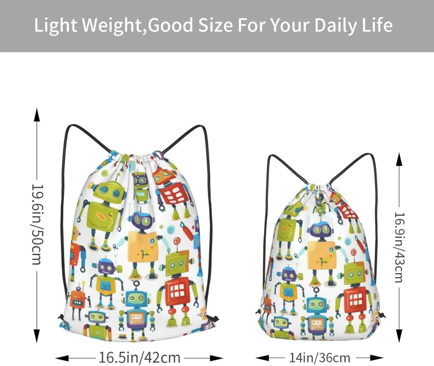 Cute Cartoon Robots Drawstring Cinch Backpack Polyester Sack Pack String Bag For Hiking Camping Adventure
