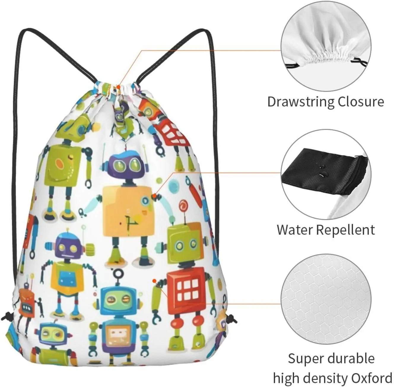 Cute Cartoon Robots Drawstring Cinch Backpack Polyester Sack Pack String Bag For Hiking Camping Adventure