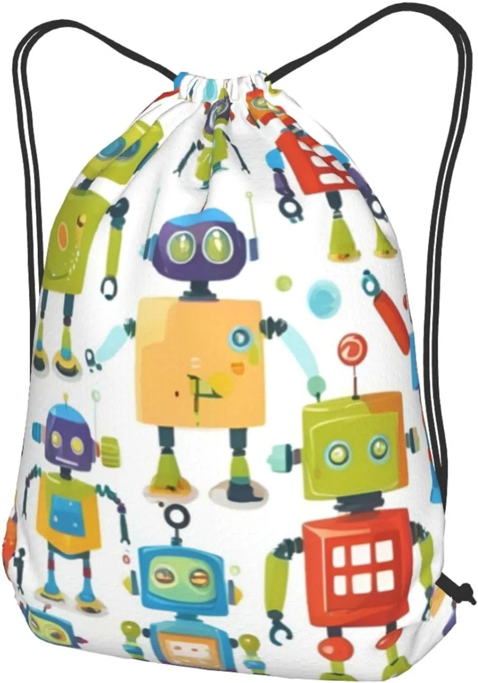 Cute Cartoon Robots Drawstring Cinch Backpack Polyester Sack Pack String Bag For Hiking Camping Adventure