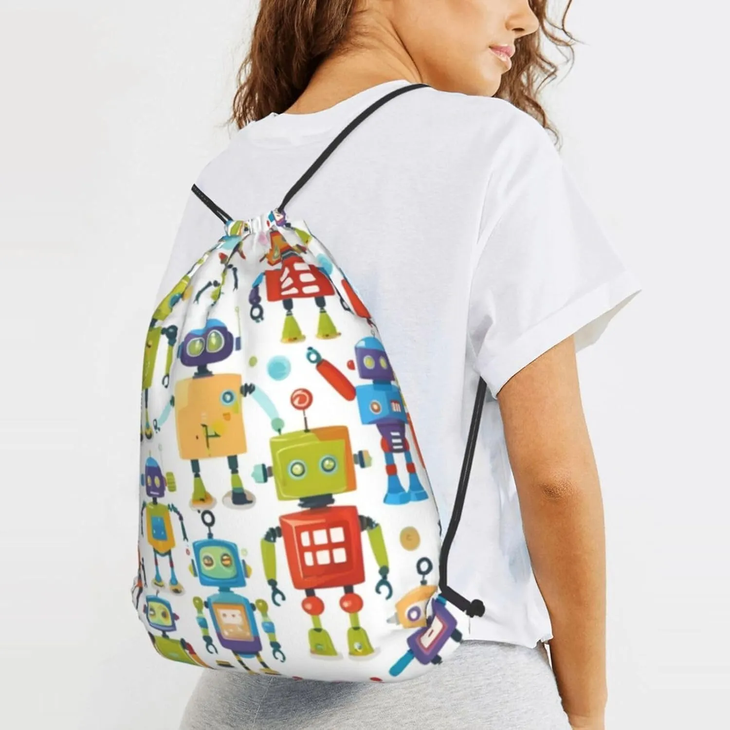 Cute Cartoon Robots Drawstring Cinch Backpack Polyester Sack Pack String Bag For Hiking Camping Adventure
