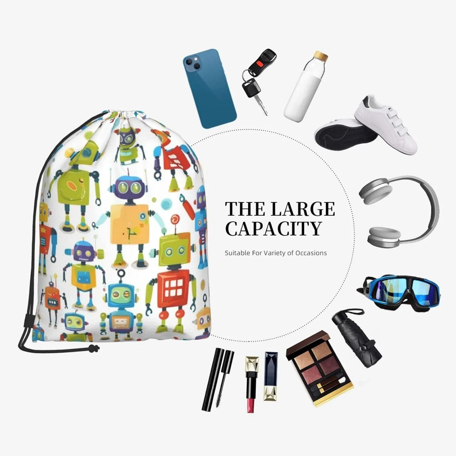 Cute Cartoon Robots Drawstring Cinch Backpack Polyester Sack Pack String Bag For Hiking Camping Adventure