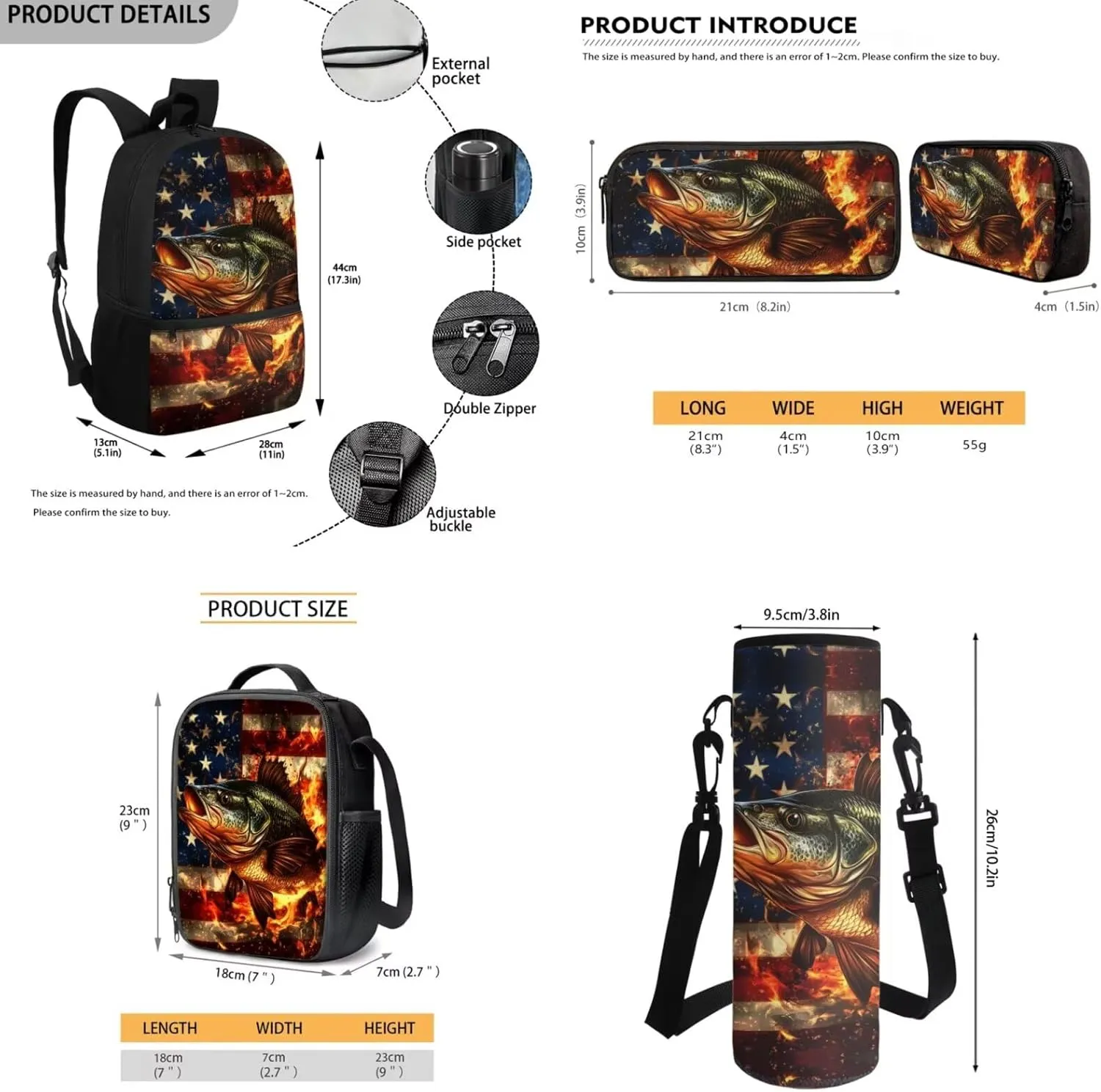 Cute Fire Bass Fish Kids School Bag for Boys and Girls Backpack and Lunch Box Water Bottle Holder Pencil Case 4 Piece American Flag Schoolbag Rucksack Daypack Back to School Supplies