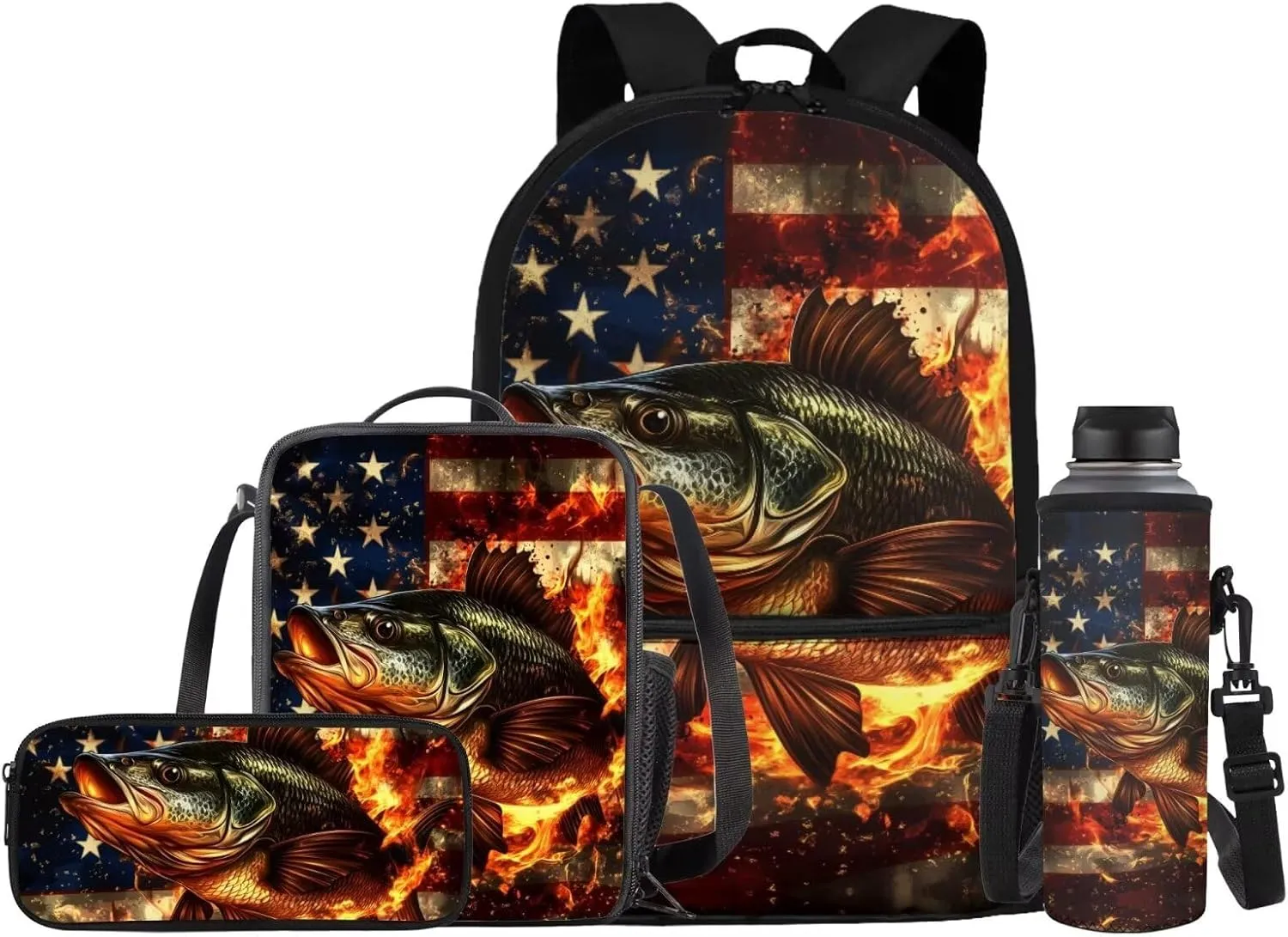 Cute Fire Bass Fish Kids School Bag for Boys and Girls Backpack and Lunch Box Water Bottle Holder Pencil Case 4 Piece American Flag Schoolbag Rucksack Daypack Back to School Supplies