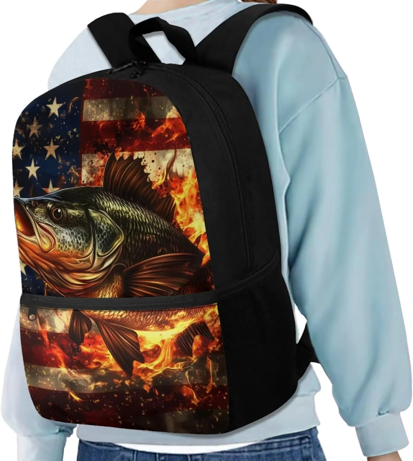 Cute Fire Bass Fish Kids School Bag for Boys and Girls Backpack and Lunch Box Water Bottle Holder Pencil Case 4 Piece American Flag Schoolbag Rucksack Daypack Back to School Supplies