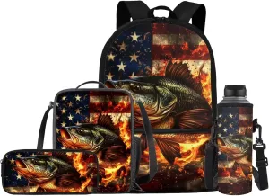 Cute Fire Bass Fish Kids School Bag for Boys and Girls Backpack and Lunch Box Water Bottle Holder Pencil Case 4 Piece American Flag Schoolbag Rucksack Daypack Back to School Supplies