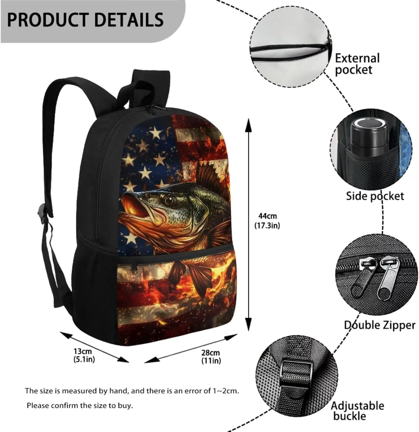 Cute Fire Bass Fish Kids School Bag for Boys and Girls Backpack and Lunch Box Water Bottle Holder Pencil Case 4 Piece American Flag Schoolbag Rucksack Daypack Back to School Supplies