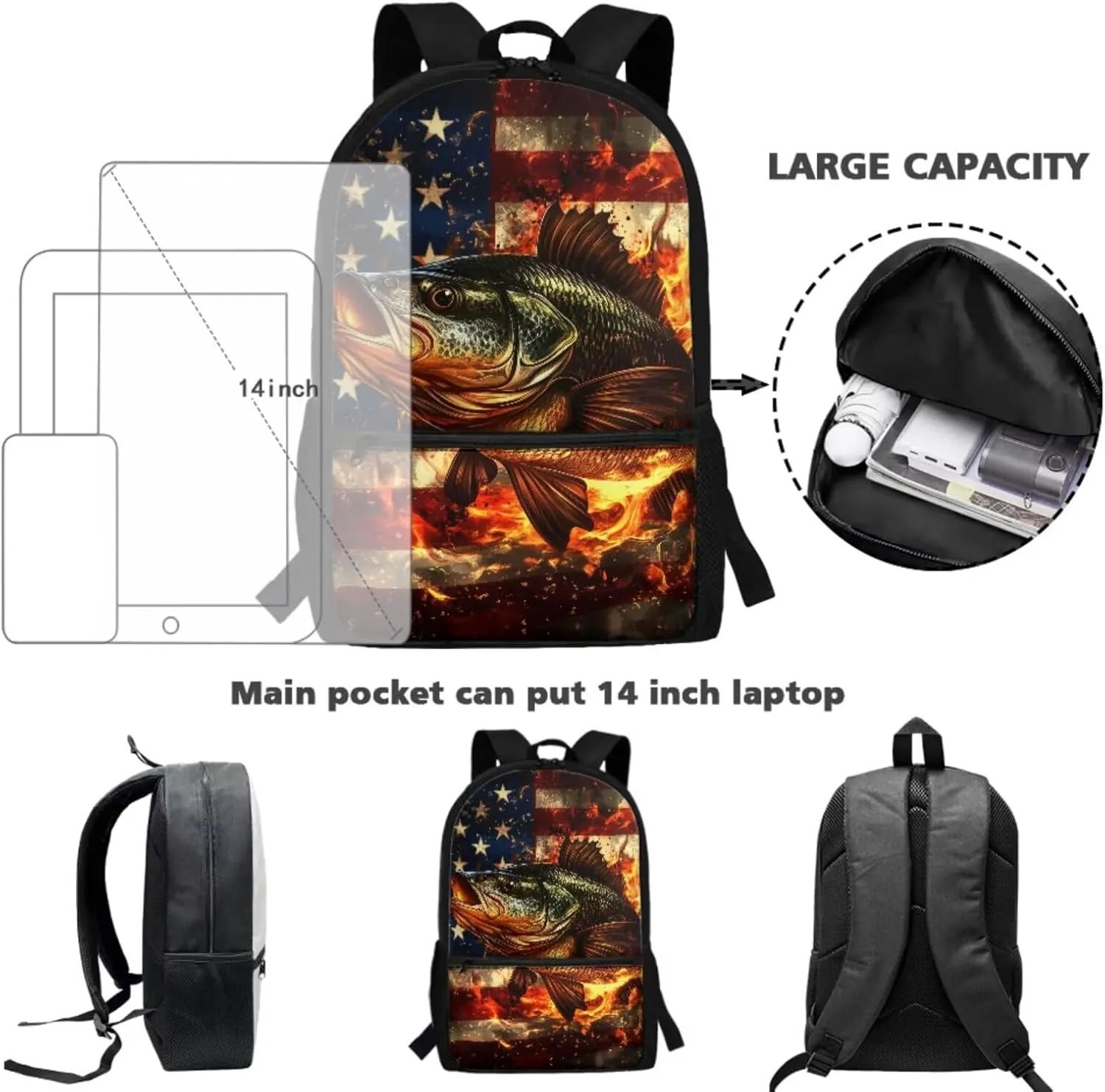 Cute Fire Bass Fish Kids School Bag for Boys and Girls Backpack and Lunch Box Water Bottle Holder Pencil Case 4 Piece American Flag Schoolbag Rucksack Daypack Back to School Supplies