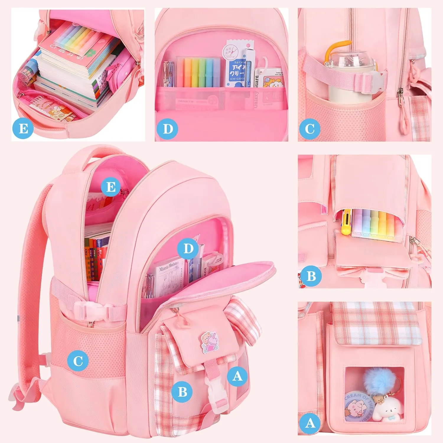 Cute Kids Backpack for Girls,Cute Pink School Backpack With Pen Bag 16.5 Inch Large Capacity Laptop Backpack for Children (Style 1 Pink)