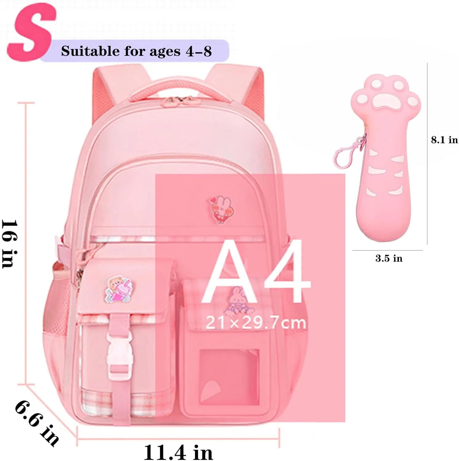 Cute Kids Backpack for Girls,Cute Pink School Backpack With Pen Bag 16.5 Inch Large Capacity Laptop Backpack for Children (Style 1 Pink)