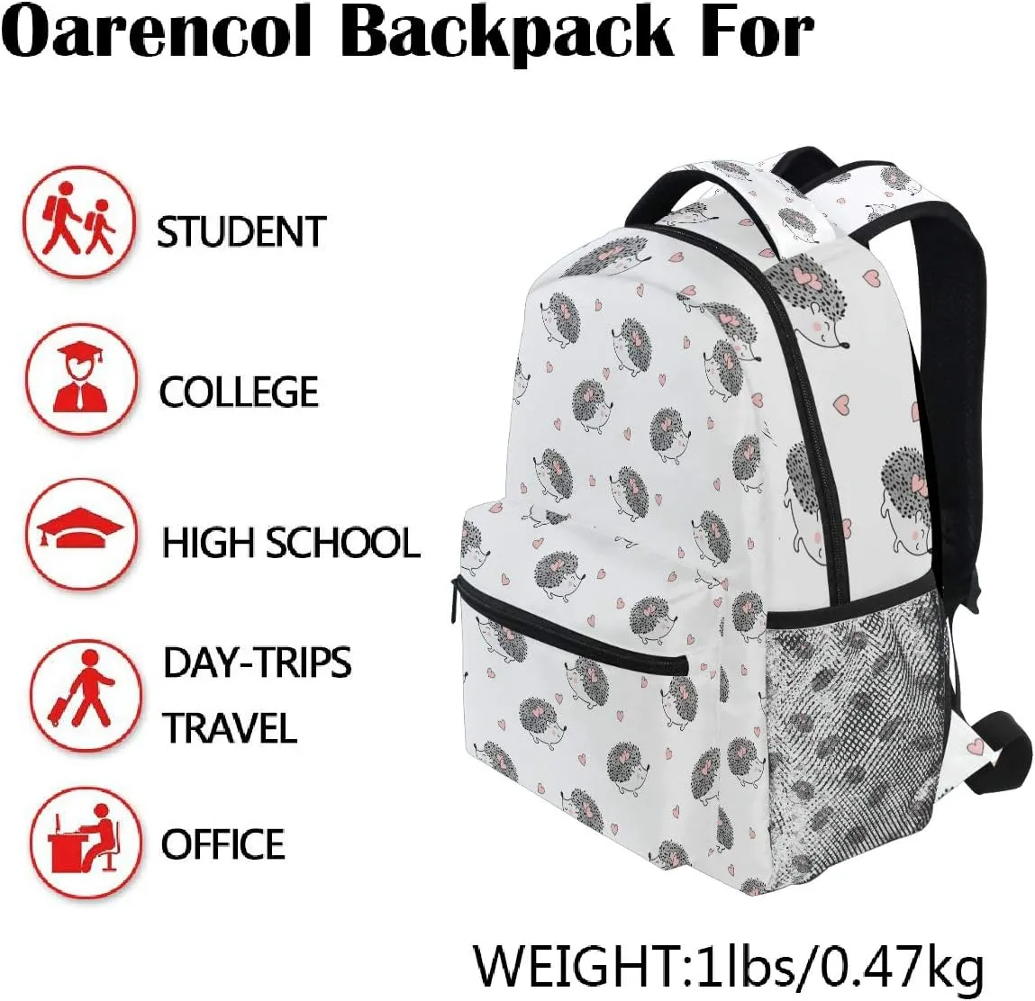 Cute Watercolor Hedgehogs Heart Backpack Bookbag Daypack Travel School College Bag for Womens Mens Girls Boys
