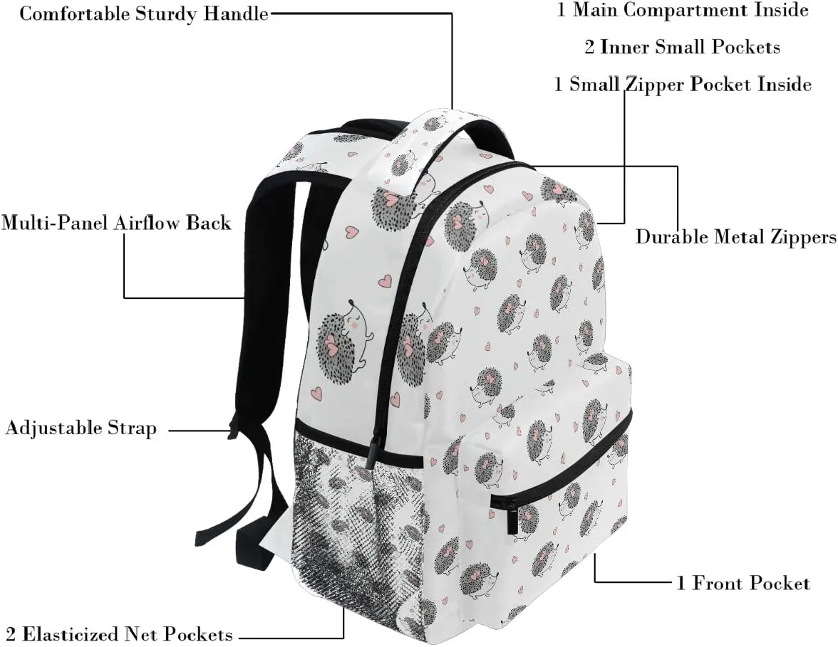 Cute Watercolor Hedgehogs Heart Backpack Bookbag Daypack Travel School College Bag for Womens Mens Girls Boys