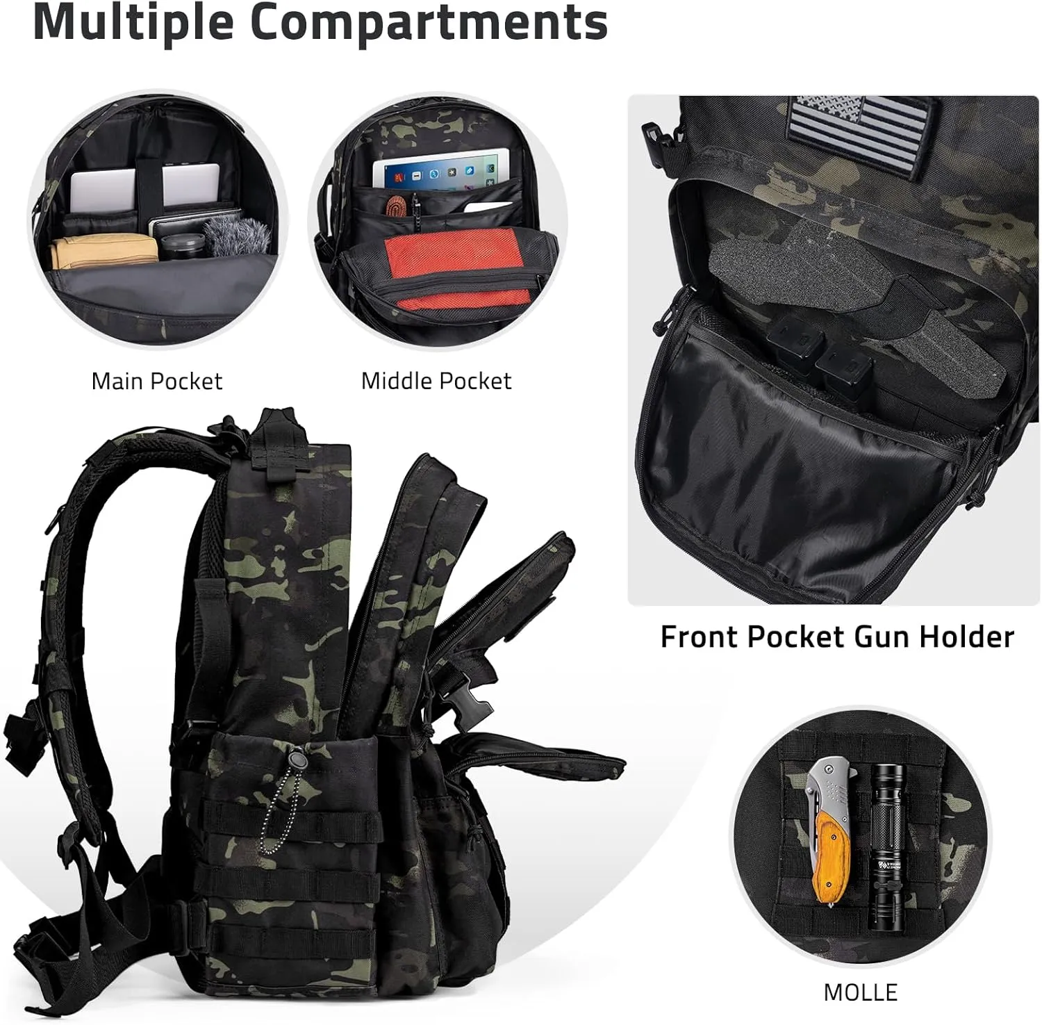 CVLIFE Tactical Backpack for Men Military Army Backpack 40L Large Molle Army Assault Pack Bug out Bag Tactical Military Survival Rucksack for Hiking, Hunting, Travel, Fishing, Camping, Black CP