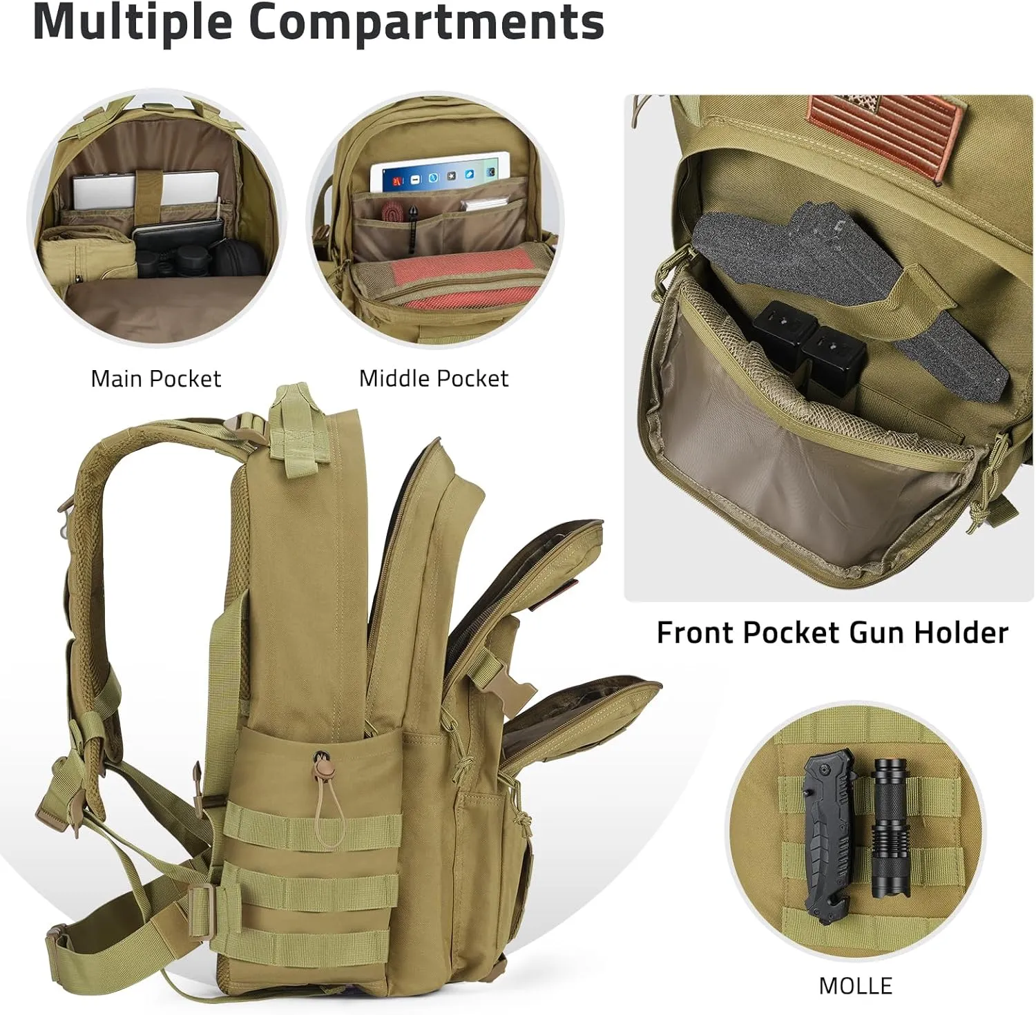 CVLIFE Tactical Backpack for Men Military Army Backpack 40L Large Molle Army Assault Pack Bug out Bag Tactical Military Survival Rucksack for Hiking, Hunting, Travel, Fishing, Camping, Tan