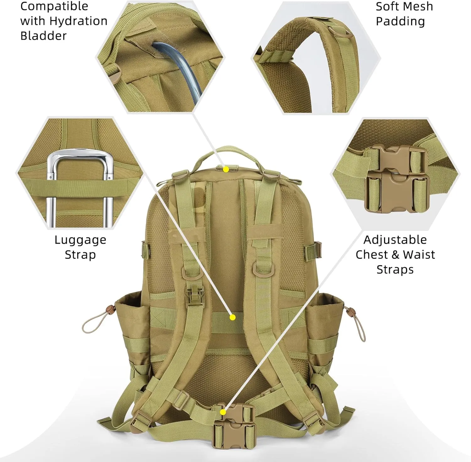 CVLIFE Tactical Backpack for Men Military Army Backpack 40L Large Molle Army Assault Pack Bug out Bag Tactical Military Survival Rucksack for Hiking, Hunting, Travel, Fishing, Camping, Tan