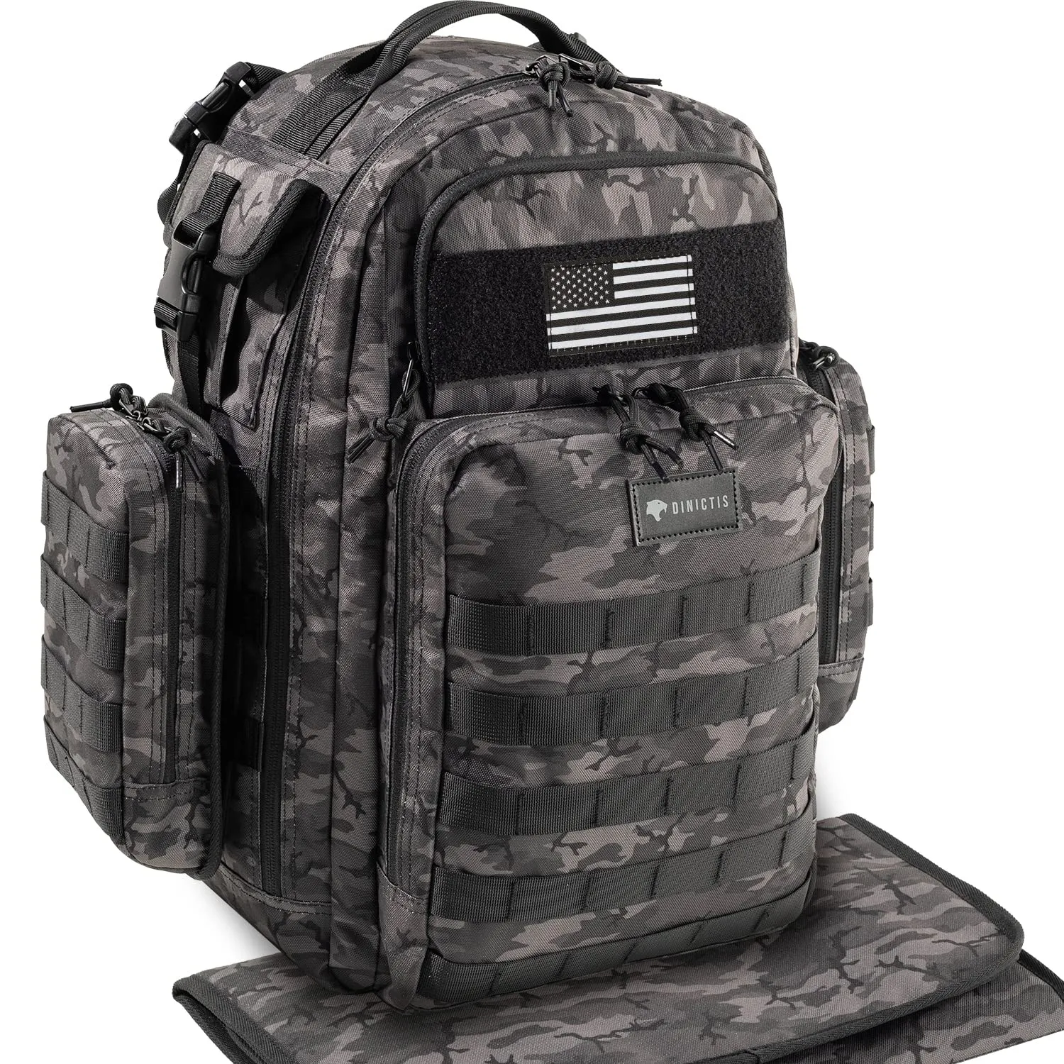 Dad Diaper Bag, Mens Diaper Bag Backpack with Diaper Changing Mat, Military Diaper Backpack with Molle Webbing, Waterproof Pouch, Baby Wipes pocket, Insulated Bottle Pockets- Black Camo
